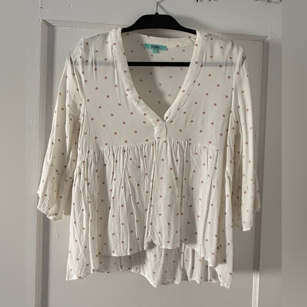 Karlie Cream and Brown Polka Dot Blouse Size Small